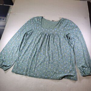 Lucky Brand Women Green Ditsy Floral Long Sleeve Boho Peasant Blouse Size M